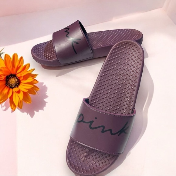 PINK Victoria's Secret Shoes - Women’s Victoria’s Secret Pink Single Strap Slide Script Logo Burgundy